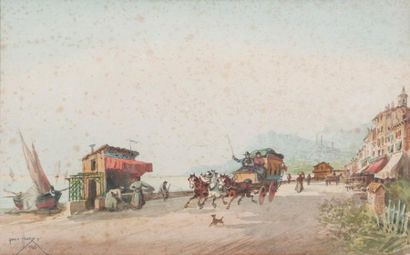 Emile HENRY (1842-1920) La calèche. Aquarelle. Signée en bas à gauche. 26 x 42,5...