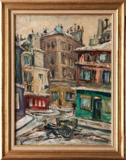 GÉOLUC (1894-) Rue sous la neige Huile sur toile Signé en bas à gauche 64x48 cm