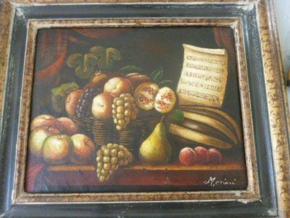 MORINI Nature morte aux raisins. Huile sur toile. Signée en bas à droite. 23 x 29...