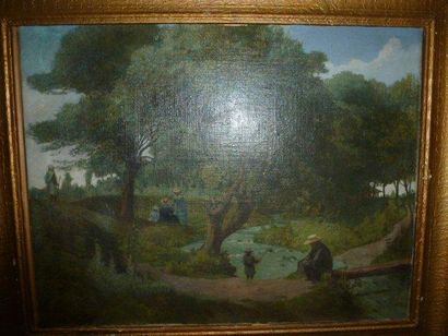 Ecole anglaise du XIXème siècle Scène animée au bord du ruisseau. Huile sur toile....