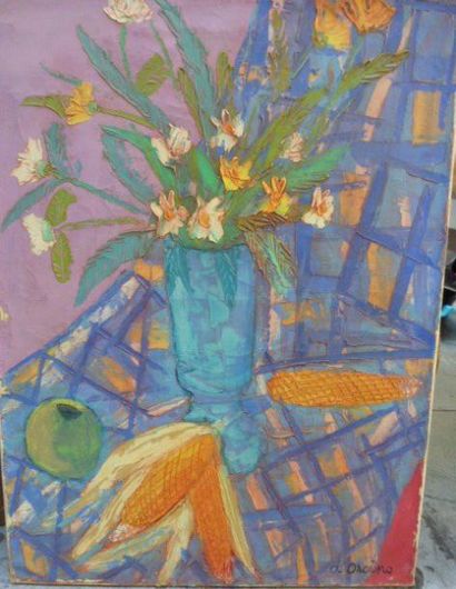 Toussaint d'ORCINO Bouquet de fleurs et maïs. Huile sur toile. Signée en bas à droite....