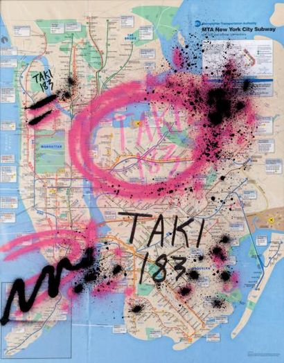 Taki 183 (1954) Sans titre. Aérosol et marqueur sur plan de métro de New York. 74...