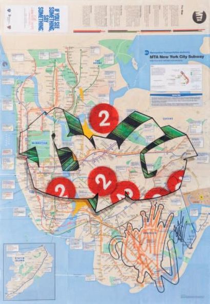 null POEM (1964) Big. Aérosol et marqueur sur plan de métro de New York. 83 x 58...