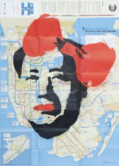 DEATH NY (1979) Mao Red Map (2011). Aérosol, pochoir sur plan de New York. 83 x 60...