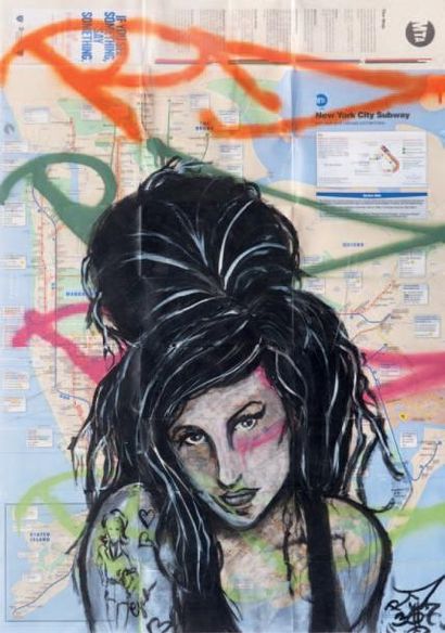 RD 357 Amy Winehouse. Acrylique et aérosol sur plan de métro de New York. 83 x 58...