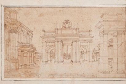 Ecole ITALIENNE du XVIIème siècle Vue de bâtiments en perspective avec palais, arc...