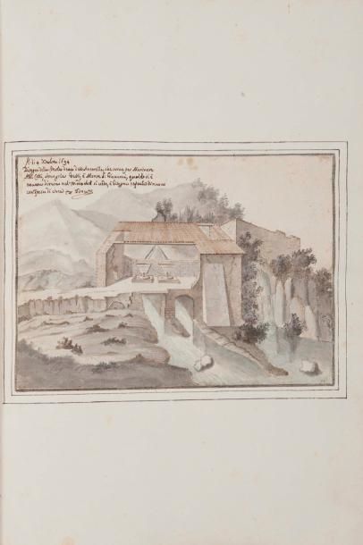 Ecole ITALIENNE du XVIIème siècle Vue d'une fontaine aménagée sur un torrent de montagne...