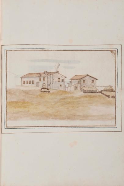Ecole ITALIENNE du XVIIème siècle Vue d'une ferme Plume et encre brune et noire,...