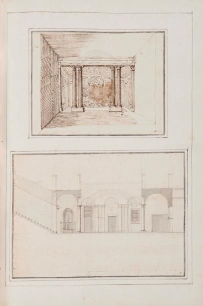Ecole ITALIENNE du XVIIème siècle Vue d'un salon de Palais avec colonnes et boiseries...