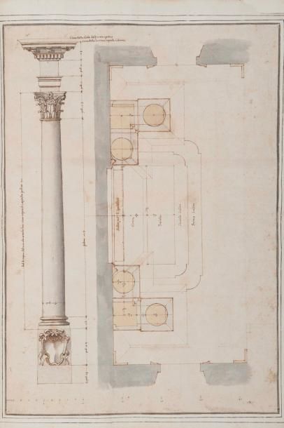 Ecole ITALIENNE du XVIIème siècle Etude d'une colonne et plan d'un choeur d'église...