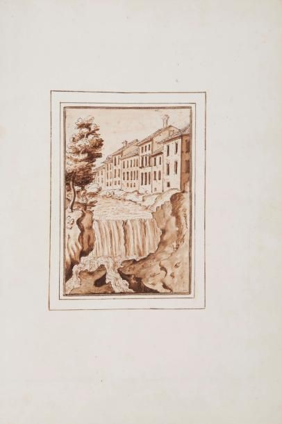 Ecole ITALIENNE du XVIIème siècle Village au bord d'une cascade Plume et encre brune,...