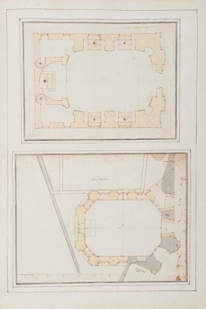 Ecole ITALIENNE du XVIIème siècle Deux plans d'églises Deux dessins sur le même montage,...