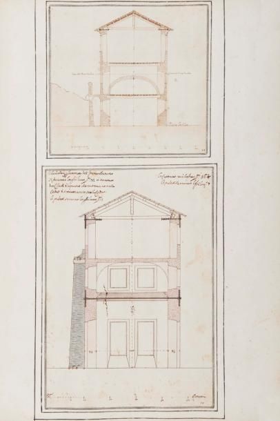 Ecole ITALIENNE du XVIIème siècle Plan et coupe d'un bâtiment Deux dessins sur le...