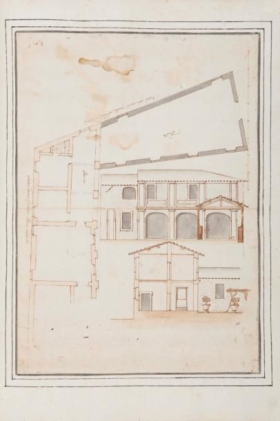 Ecole ITALIENNE du XVIIème siècle Coupe et plan d'un palais Plume et encre noire,...