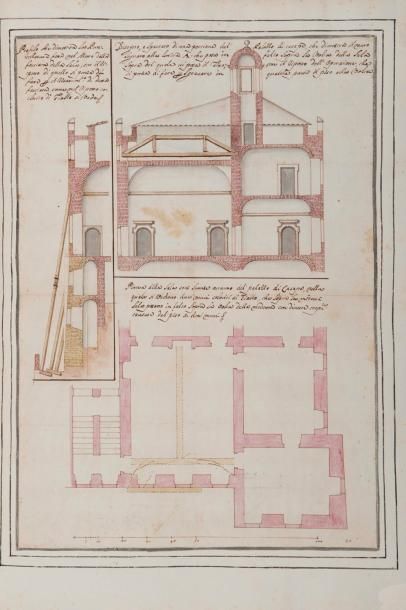 Ecole ITALIENNE du XVIIème siècle Coupe et plan d'un palais Plume et encre brune,...