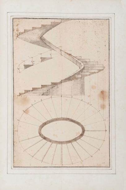 Ecole ITALIENNE du XVIIème siècle Plan et coupe d'un escalier à ellipse Plume et...