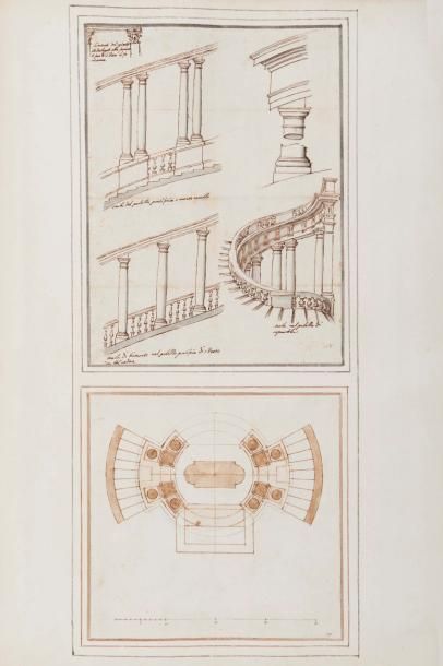 Ecole ITALIENNE du XVIIème siècle Plan et coupe de l’escalier à vis du Palais Farnèse...