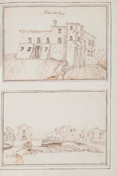 Ecole ITALIENNE du XVIIème siècle Vue d'un château fortifié Vue de trois corps de...