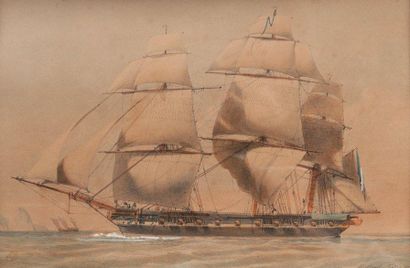 Antoine Léon MOREL FATIO (1810-1871) Bateau militaire. Aquarelle. Signée en bas à...