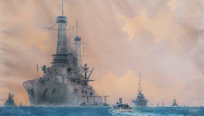 Sandy HOOK (1879-1960) Escadre navale. Gouache. Signée en bas à droite. Datée 1918....
