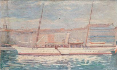 Henry LAURENT Le «Santanna» dans le Vieux-Port de Marseille. Huile sur toile. Signée...