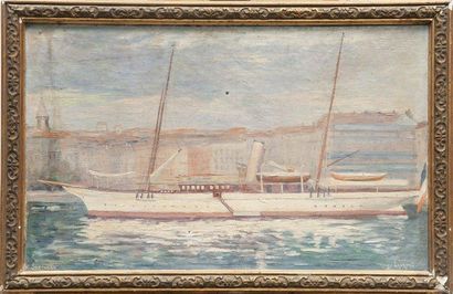 Henry LAURENT Le «Santanna» dans le Vieux-Port de Marseille. Huile sur toile. Signée...