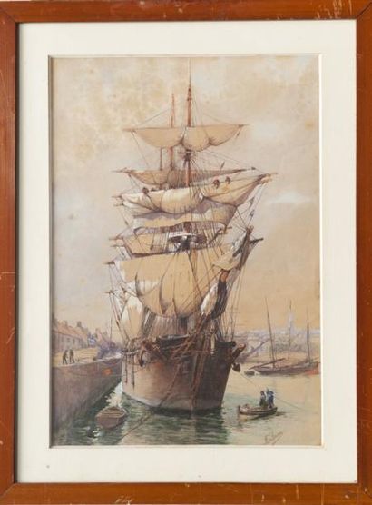 M. PALLANDRE (XIX-XX) Trois mâts au port. Aquarelle. Signée en bas à droite. 54 x...