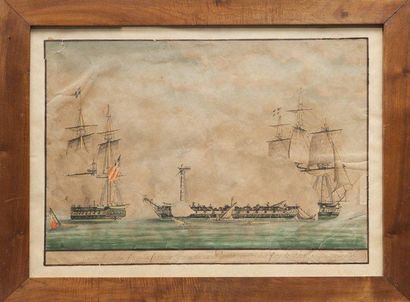 Ecole du début du XIXème siècle Bataille navale de la frégate «Pomona» contre deux...
