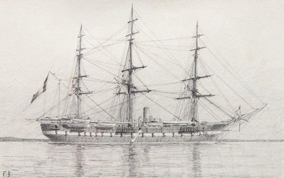 Frédéric BERNELLE Portrait d'un navire. Dessin à la plume. Monogrammé F.B. 15 x 23...