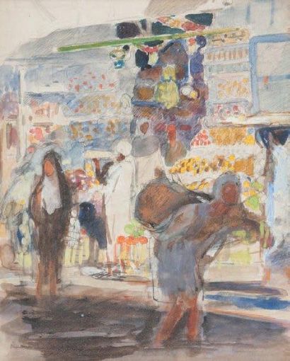 Raoul du GARDIER (1871-1952) Scène de marché au Yémen. Aquarelle. Signée en bas à...