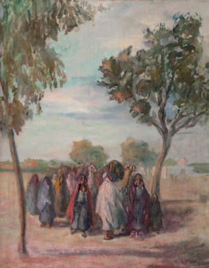 Benjamin James BOWEN (1859-1930) Caravane à Kairouan. Huile sur toile. Signée en...