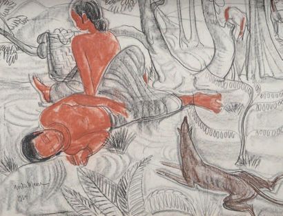 André MAIRE (1898-1984) Moment de repos en Indochine. Fusain et sanguine sur papier....