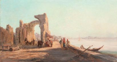 Paul BISTAGNÉ (1850-1886) Animation sur les bords du Nil. Huile sur toile. Signée...