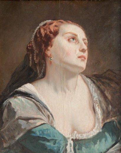 MARIUS ENGALIERE (1824-1857) Portrait de Madame Engalière. Huile sur toile marouflée...