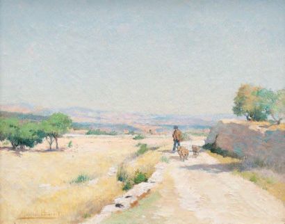 Marius BARRET (1865-?) Berger sur la route. Huile sur toile. Signée en bas à gauche....