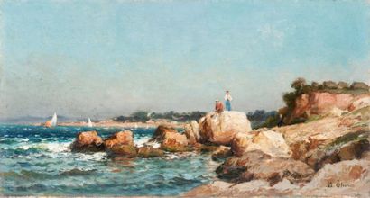 JEAN-BAPTISTE OLIVE (1848-1936) Pêcheurs sur la corniche à Marseille. Huile sur toile....