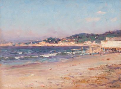 JEAN-BAPTISTE OLIVE (1848-1936) La plage du Prado à Marseille. Huile sur panneau....