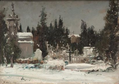 JEAN-BAPTISTE OLIVE (1848-1936) Cimetière sous la neige. Huile sur panneau. Signée...