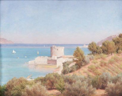 Auguste BOUGOURD (1830-1917) La tour de Balaguier. Huile sur carton. Signée et datée...