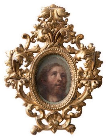 ECOLE ITALIENNE DU XVIIème SIECLE Tête de Christ. Toile. 12 x 9 cm. Cadre en bro...