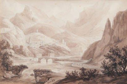 Jean-Jacques CHAMPIN (1796-1860) La ville de Tende dans le Piémont. Lavis d'encre....