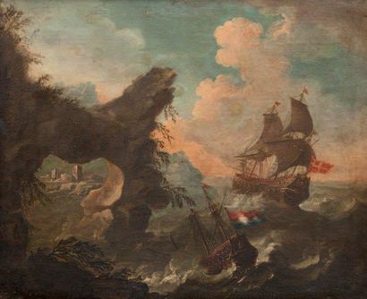 Pieter II MULIER (c.1637-1701) Attribué à Navire en mer près des côtes. Toile. 62...