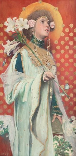 Gottlieb Theodor KEMPF-HARTENKAMPF (1871-1964) Portrait de femme aux lys. Huile sur...
