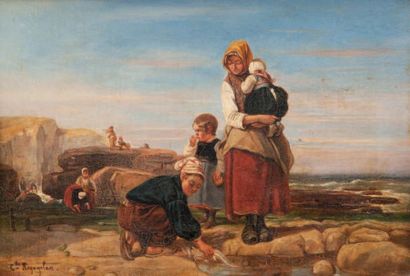 Camille ROQUEPLAN (1800/03-1855) Pêcheurs à marée basse. Huile sur toile. Signée...