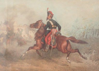 Théodore FORT (1810-1896) Hussard. Aquarelle. Signée en bas à gauche. 30 x 40 cm