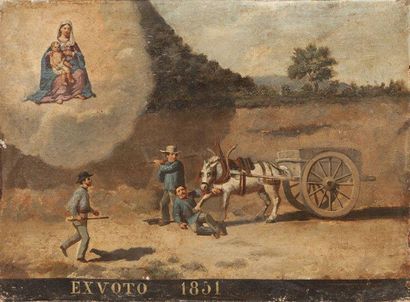 null Exvoto provençal. Bois. Daté 1851. 30 x 41 cm