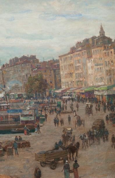 Adolphe Louis GAUSSEN (1871-1954) Vue du Vieux-Port de Marseille très animée prise...