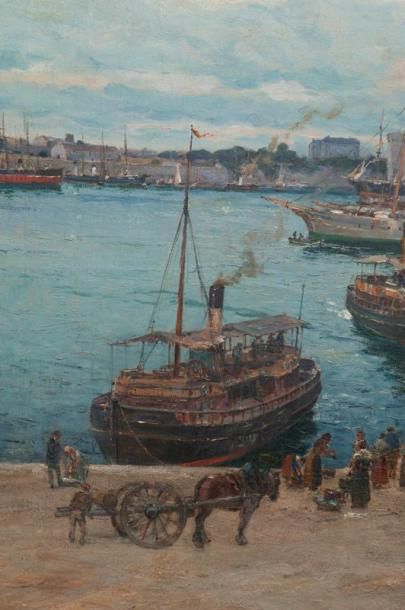 Adolphe Louis GAUSSEN (1871-1954) Vue du Vieux-Port de Marseille très animée prise...