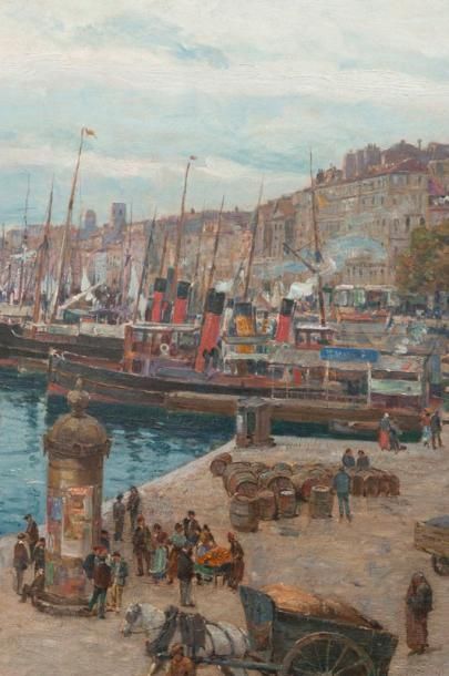 Adolphe Louis GAUSSEN (1871-1954) Vue du Vieux-Port de Marseille très animée prise...