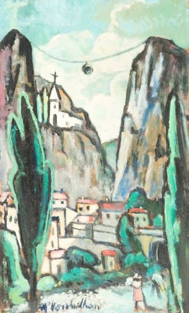 André VERDILHAN (1881-1963) Le village de Moustier-Sainte-Marie. Huile sur panneau....